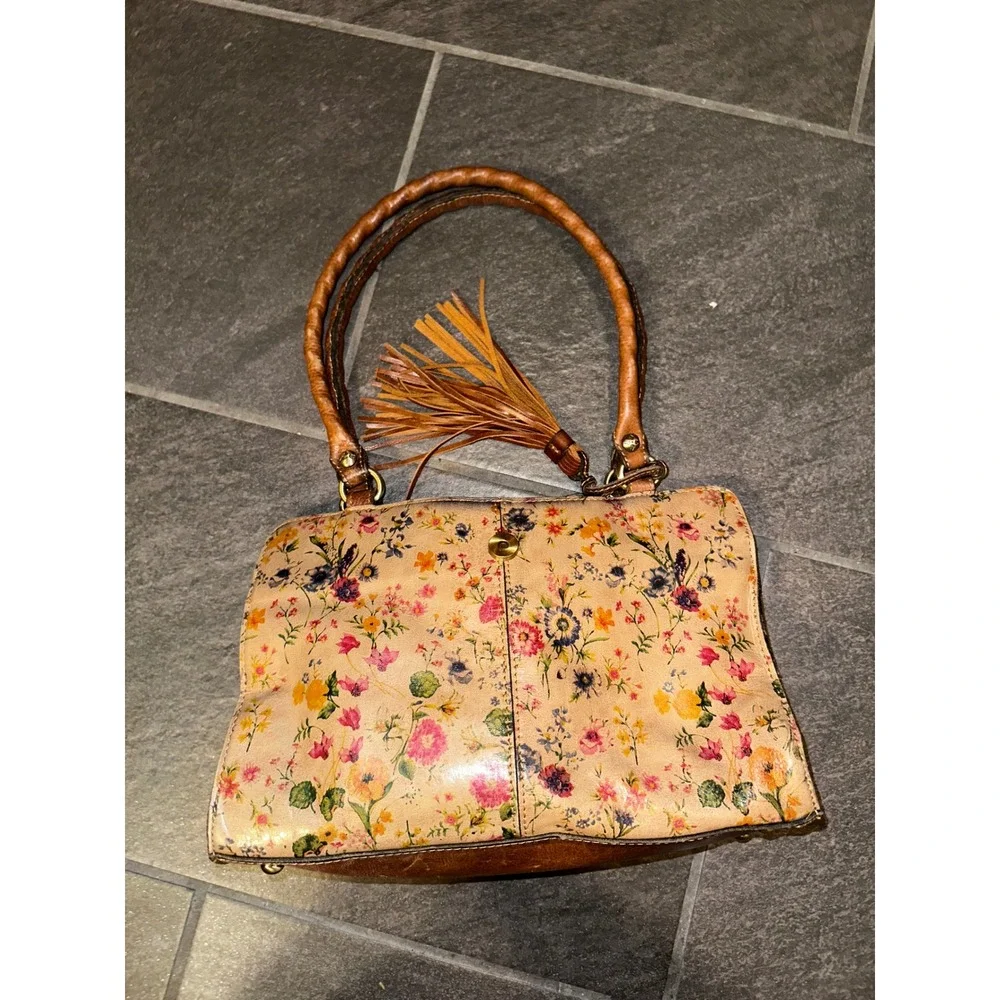 Patricia Nash Floral Leather‎ Satchel Handbag Tan Multi Tassel Braided Handle